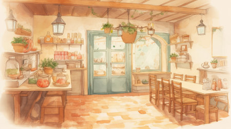 Sketch of a cafe interior. Hand drawn watercolor illustrationの素材