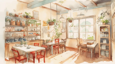 Sketch of a cafe interior. Hand drawn watercolor illustrationの素材