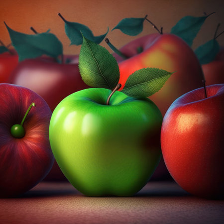 Apples with leaves on a wooden table. 3d illustration.の素材