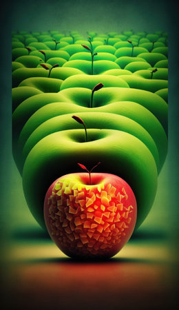 3D illustration of red apple among green leaves. Concept of healthy nutritionの素材