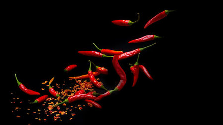 Red hot chili peppers flying on black background. Concept of spicy food.の素材