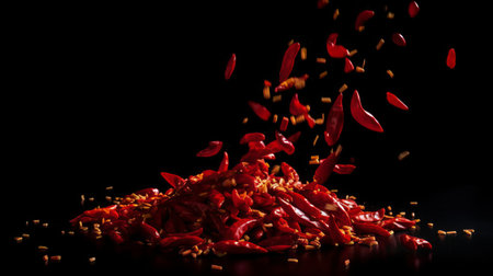Red hot chili peppers flying on black background. Copy space for text.の素材