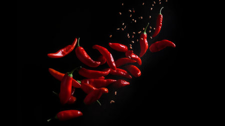 Red hot chili peppers flying in the air on a black background.の素材