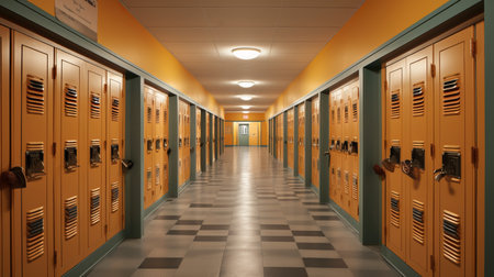 3D render of a school corridor with lockers in orange tonesの素材
