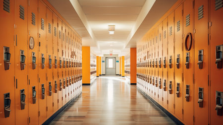 Orange lockers in a school corridor. 3D Rendering.の素材