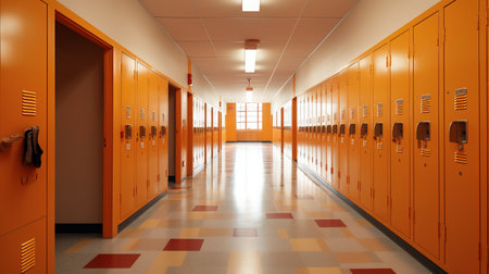Orange lockers in the school corridor. 3d render image.の素材