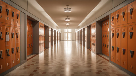 3D render of a school corridor with lockers in orange tonesの素材