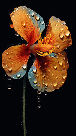 Water drops on orange and blue flower isolated on black background with clipping pathの素材