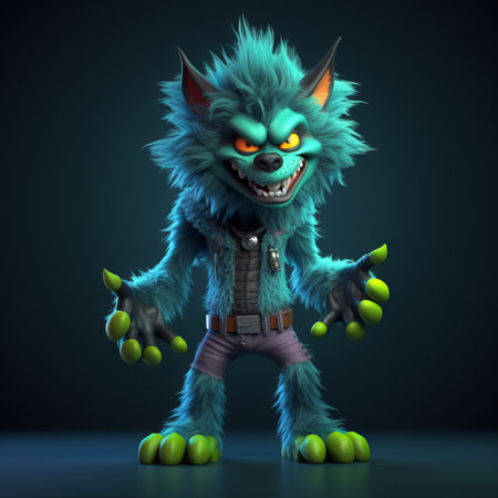 Fantasy monster with green eyes and horns, 3d render illustrationの素材