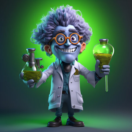 Cartoon character of a mad scientist with a green liquid in a flaskの素材