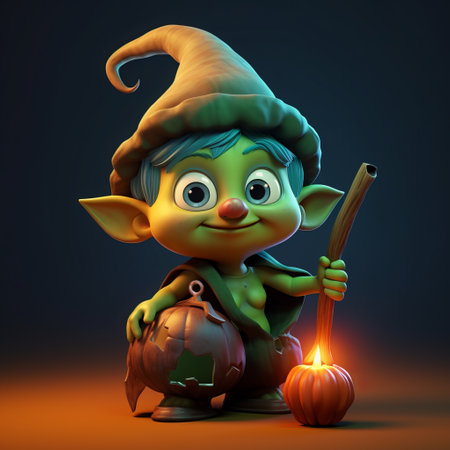 Halloween Witch with Pumpkin and Jack O Lantern, 3d renderの素材