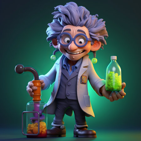 Cartoon scientist holding a test tube with green plants - 3D illustrationの素材