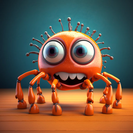 Cute orange spider on wooden background. 3d render illustration.の素材