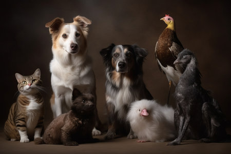 group of pets on a brown background, studio shot, studio shotの素材