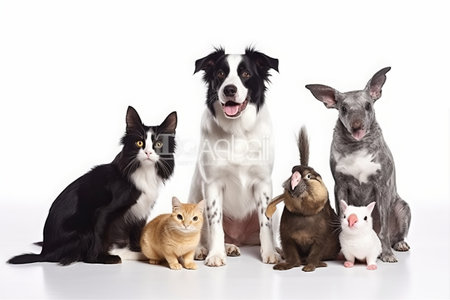 Group of pets isolated on white background. Border Collie, border collie, cat and dog.の素材