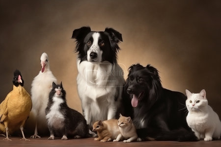 Group of pets in studio on brown background. Border Collie, border collie, black and white.の素材