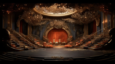 3D rendering of the interior of an old theater with a stageの素材