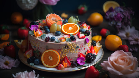 Birthday cake with berries and fruits on a dark background. Toned.の素材