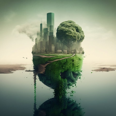 Ecology concept with green city in the water. 3d renderの素材