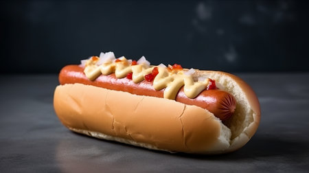 Hot dog with ketchup and mayonnaise on a black backgroundの素材