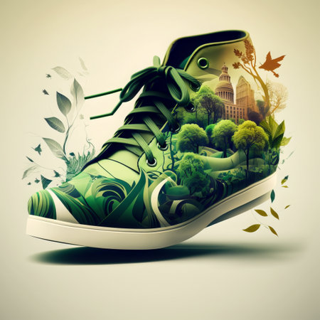 Conceptual image of green sneakers with city on the background.の素材