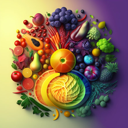 Fruits and vegetables in a round shape. 3D illustration.の素材