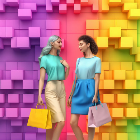 Two young women with shopping bags on a bright background. 3d renderingの素材