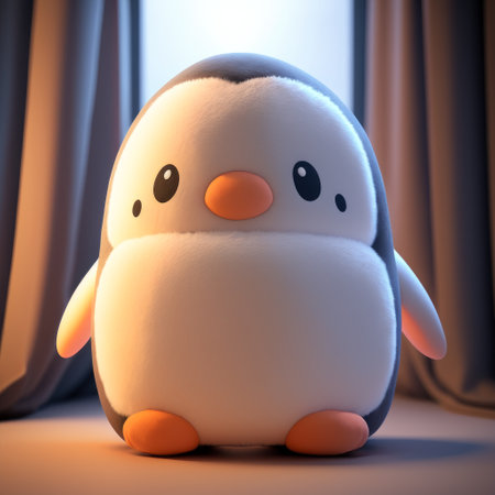 3d rendering of a cute penguin sitting in front of a windowの素材