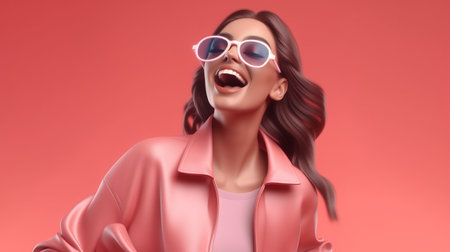 Portrait of a young woman in sunglasses on a red background.の素材