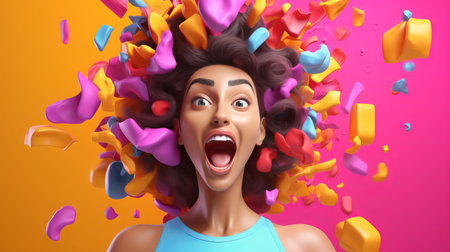 Surprised woman with curly hair looking at camera. 3d renderingの素材