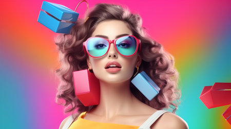 Portrait of beautiful young woman with shopping bags and colorful background.の素材