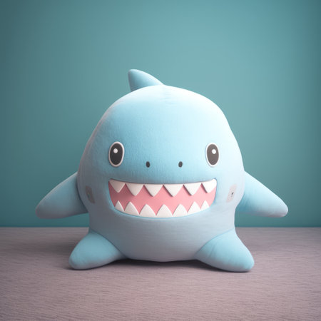 3d rendering of a cute cartoon baby shark sitting on the floorの素材