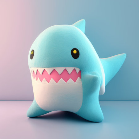 3d illustration of a cute cartoon shark isolated on a blue backgroundの素材