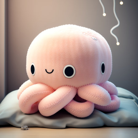 Cute soft toy octopus on a bed in the room.の素材