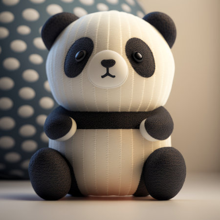 Cute panda doll sitting on the background of a polka dot patternの素材