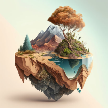 Floating island with tree and mountains in the background. 3d renderの素材