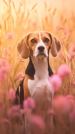 Beagle dog in the field of pink flowers. close-upの素材