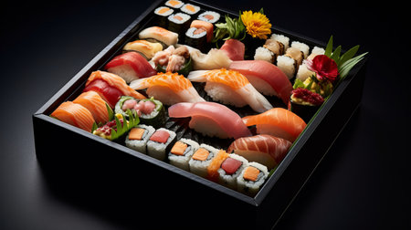 Sushi set in a wooden box on a black background. japanese foodの素材
