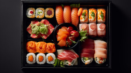 Sushi set in a black box on a black background, top viewの素材