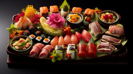 Sushi set on a black background. sushi menu. japanese foodの素材