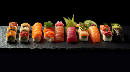 Sushi set on a black background. Sushi rolls with salmon, tuna, shrimp, caviar, caviar, cream cheese, cucumber. sushi menuの素材