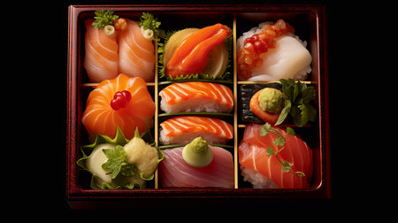 Japanese sushi set in a wooden box on a black background closeupの素材