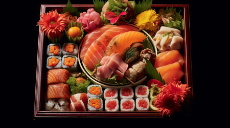 Sushi set in a box on a black background, Japanese foodの素材