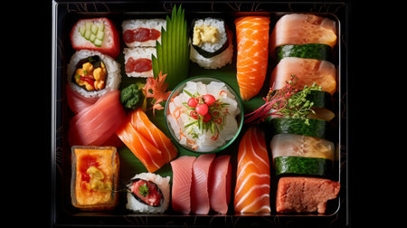 Sushi set in a box on a black background, top viewの素材