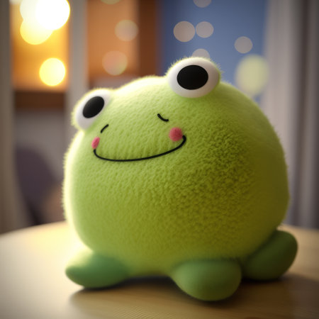 Frog toy on the table in the room. 3d renderingの素材
