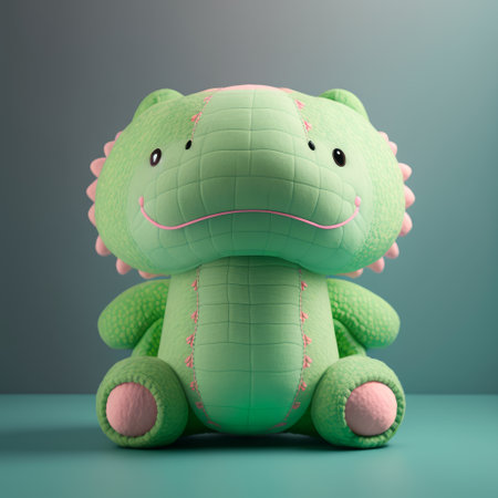 cute green crocodile toy on blue background. 3d renderingの素材