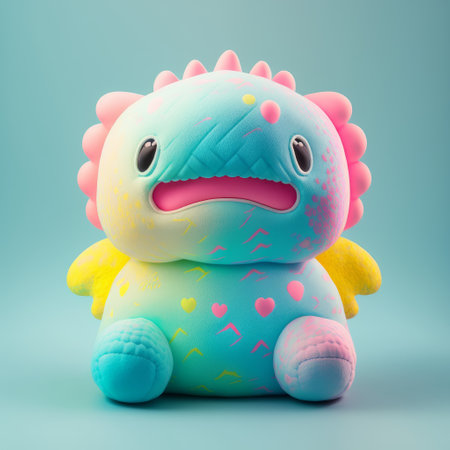 3d rendering of a cute dinosaur toy isolated on blue background.の素材