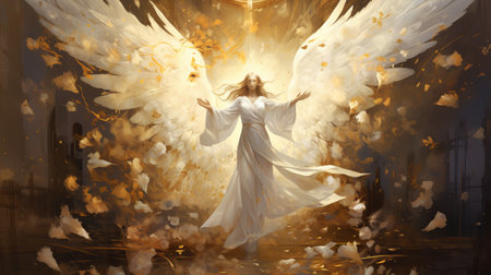 Angel with white wings in the church. 3d render illustration.の素材