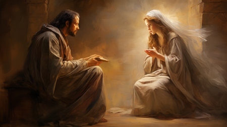 Christmas nativity scene with man and woman, 3d digitally rendered illustrationの素材