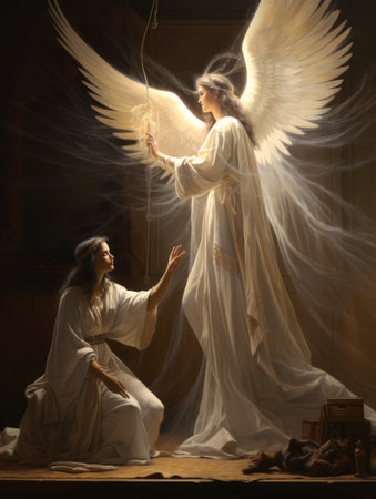 Portrait of a beautiful woman with white wings in a dark roomの素材